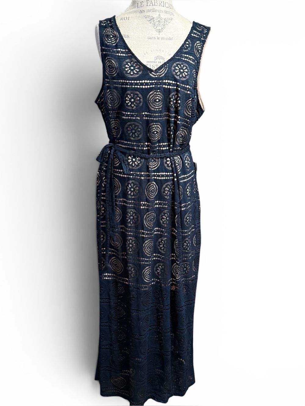 NWT Sharagano Sleeveless Maxi Navy Blue  Lace Over Nude Mini Dress Sash Size 18w